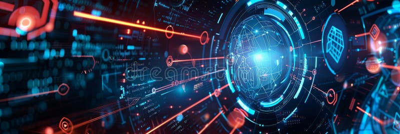 Cyfrowa kompozycja przedstawiająca przyszłą sieć cyberbezpieczeństwa z cyfrowymi osłonami blokad i chronionymi węzłami sieci zdjęcia royalty free