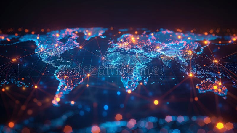 Cyfrowa mapa świata wizualizacja globalnych połączeń i przepływu danych. linie i węzły sieci high-tech na ciemnym tle. royalty ilustracja