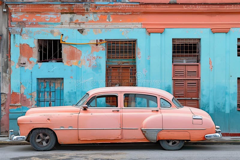 Cyfrowa sztuka vintage car w pastel brzoskwinia była zaparkowana na ulicach kuby otoczonej starymi budynkami i bl ilustracji