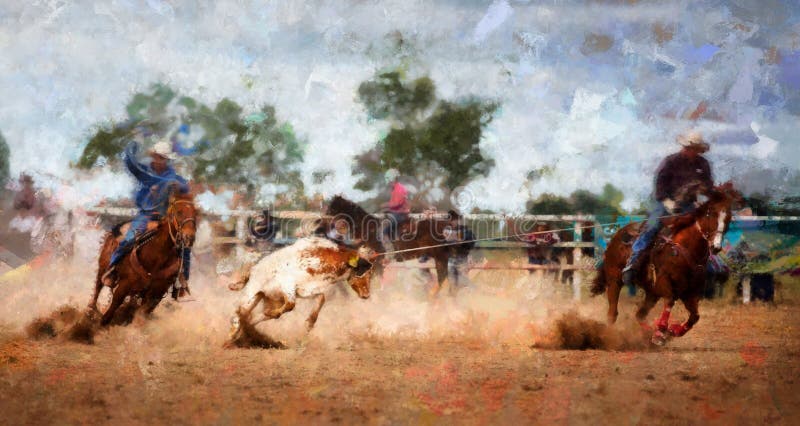 Digital artistry illustration - abstract watercolor painting concept - two cowboys on horseback roping a calf at a country rodeo. Digital artistry illustration - abstract watercolor painting concept - two cowboys on horseback roping a calf at a country rodeo