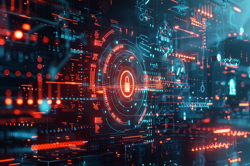 Cyfrowe renderowanie futurystycznego interfejsu cyberbezpieczeństwa z algorytmami ai chroniącymi cyfrowe osłony blokad oraz zdjęcie royalty free