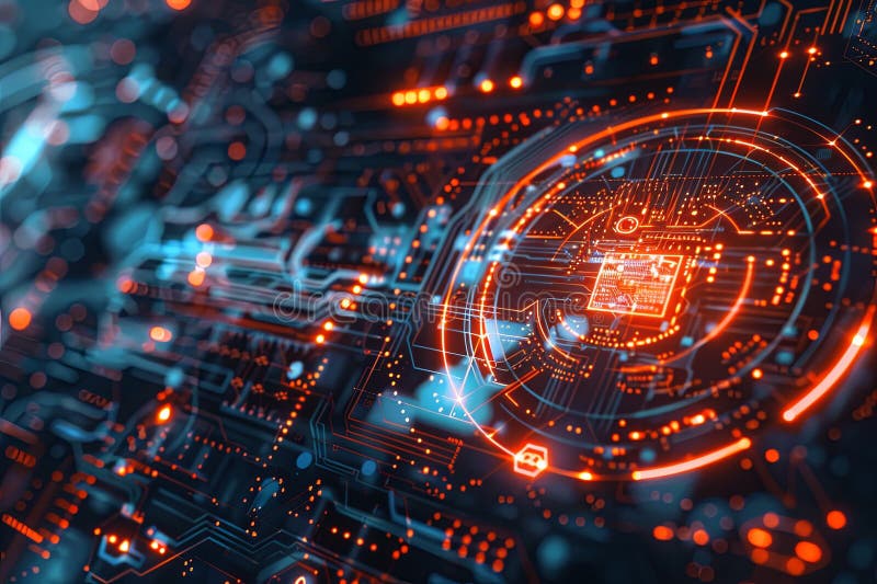 Cyfrowe renderowanie futurystycznej sieci cyberbezpieczeństwa z abstrakcyjnymi cyfrowymi osłonami blokad i węzłami sieciowymi zdjęcia stock