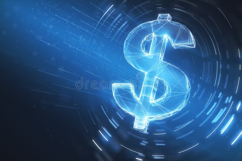 Digital dollar sign illustration at abstract blue background. 3d rendering. Digital dollar sign illustration at abstract blue background. 3d rendering