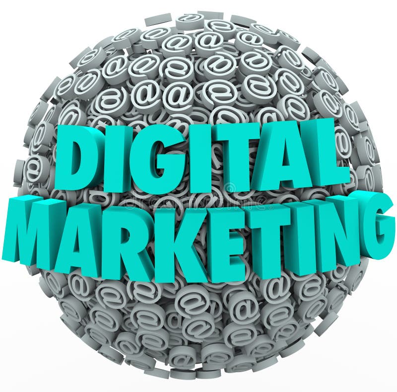 The words Digital Marketing on a ball or sphere of at or email symbols and signs to illustrate online or internet campaigns for visibility and customer outreach. The words Digital Marketing on a ball or sphere of at or email symbols and signs to illustrate online or internet campaigns for visibility and customer outreach