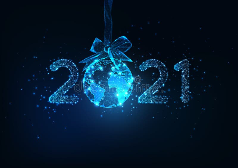 Cyfrowy baner Happy New Year z futurystycznym numerem 2021 i kulą ziemską wiszącą na wstążce bow royalty ilustracja
