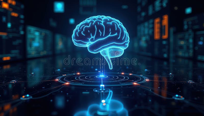 Cyfrowy hologram mózgu w futurystycznym środowisku cyberbezpieczeństwa. obraz royalty free