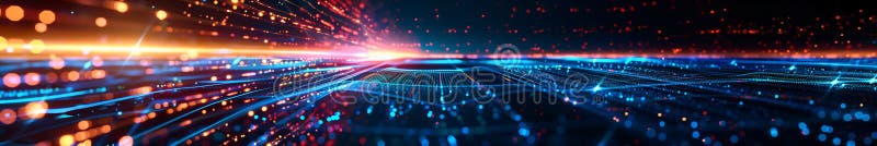 Cyfrowy krajobraz przedstawiający szybkie połączenie danych internetowych z świecącymi cząstkami ilustracja wektor