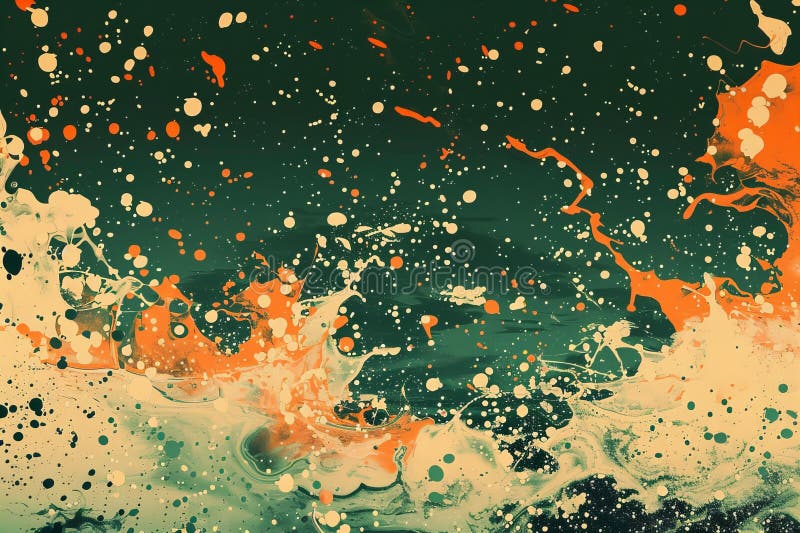 Cyfrowy obraz pomarańczowych i zielonych splatterów z plamami lodowej wody. Ilustracja ta jest generowana przy użyciu algorytmu AI.