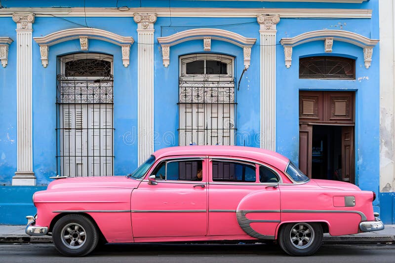 Cyfrowy obraz starego różowego samochodu przed niebieskim i białym budynkiem w havana cuba. royalty ilustracja