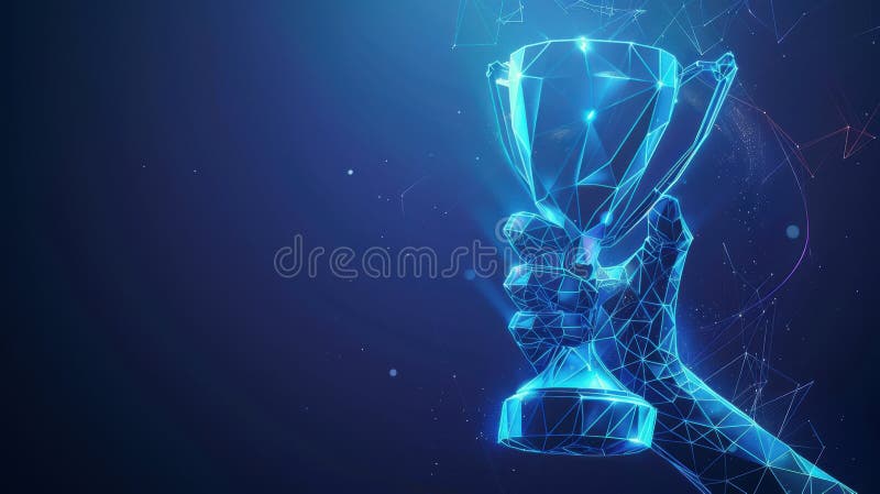 Cyfrowy trofeum w HandAI wygenerował obraz. Cyfrowa ręka holograficzna trzymająca trofeum z poligonalnym, nisko zaprojektowanym kolorem na niebieskim tle. Obraz wygenerowany przez algorytm AI.