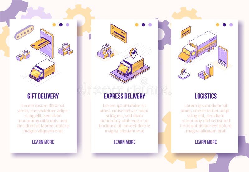 Cyfrowy zestaw koncepcji projektowania izometrycznego logistyki dostarczania online mobilny ekran aplikacji pionowe banery Izomet ilustracji Cyfrowy zestaw koncepcji projektowania izometrycznego logistyki dostarczania online mobilny ekran aplikacji pionowe banery Izomet ilustracji