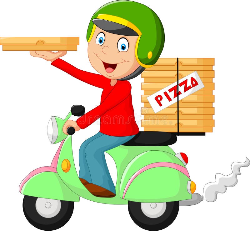 Cykel för motor för ridning för pojke för tecknad filmpizzaleverans stock illustrationer Cykel för motor för ridning för pojke för tecknad filmpizzaleverans stock illustrationer