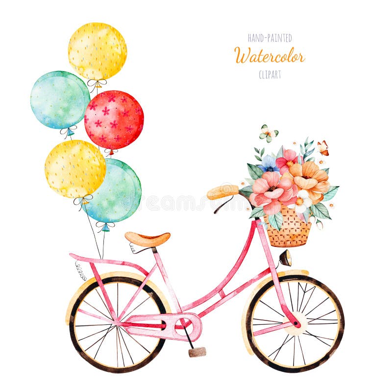 Cykla med buketten i korg och mångfärgade ballonger