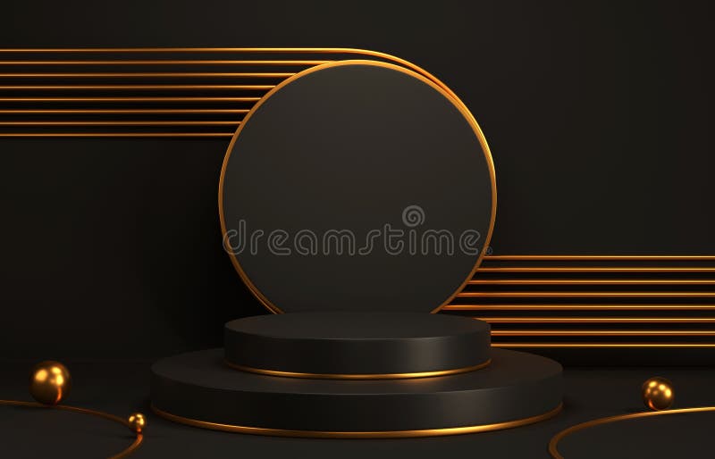 Golden lines and cylinder podium display for product and presentation. cylinder podium display for product and presentation in a dark scene, minimal style with golden line, 3D rendering