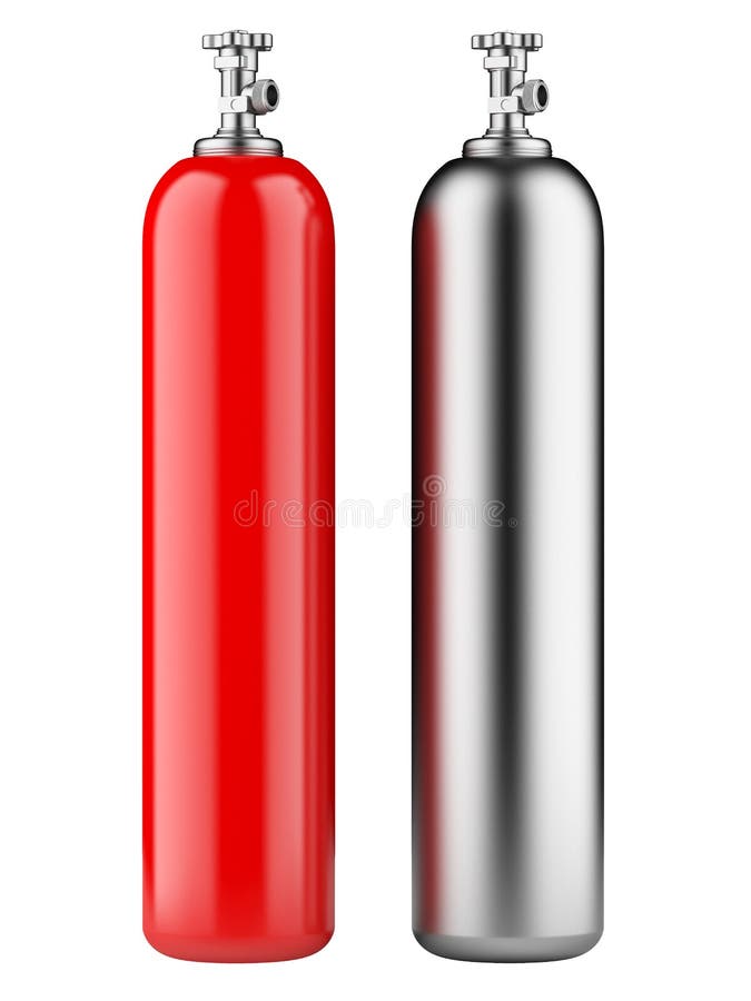 Red and metallic propane cylinders with compressed gas isolated on a white background. Propane gas tank illustrations