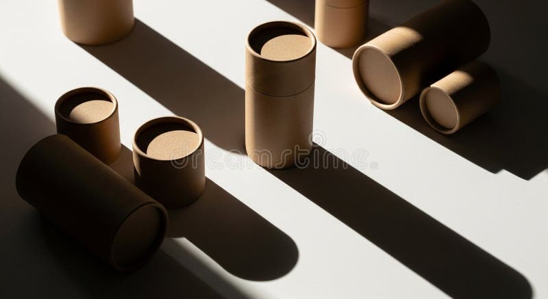 Cylindrical cardboard containers are arranged on a surface casting long shadows vector illustration