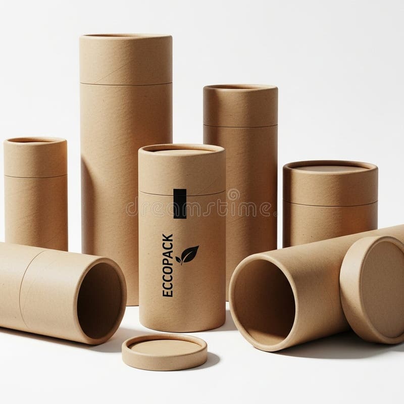 Cylindrical cardboard containers with removable lids are arranged upright and on their vector illustration