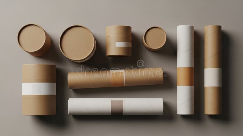Cardboard containers of various sizes are arranged on a flat royalty free illustration