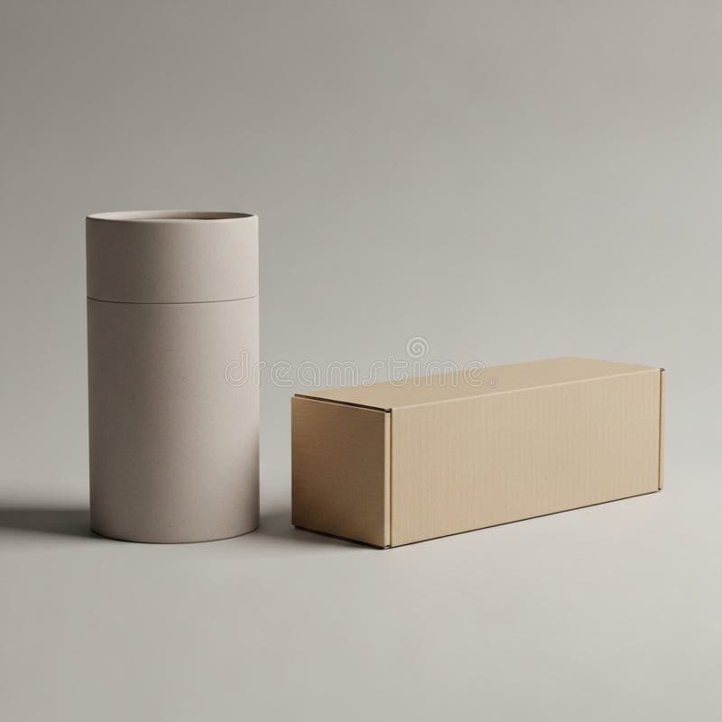 Cylindrical and rectangular cardboard containers are placed against a neutral stock illustration