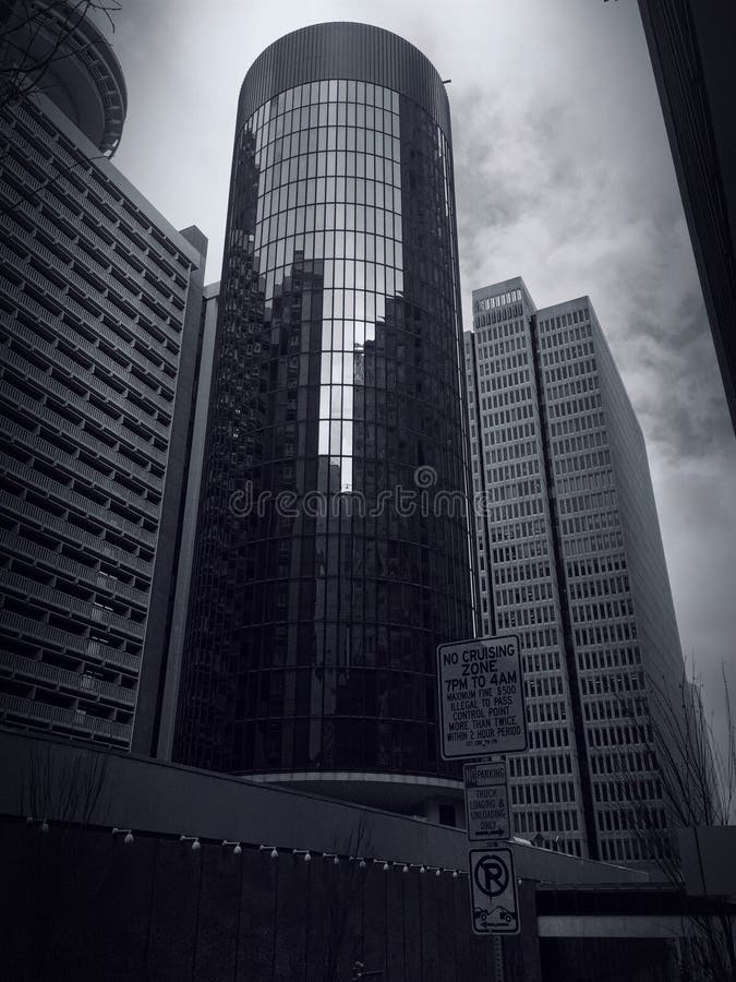 Black and white image of a cylindrical style building in Atlanta, Georgia. Black and white image of a cylindrical style building in Atlanta, Georgia