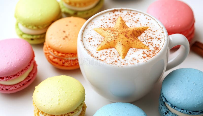 Cynamondusted delight aromatyczny latte z gwiazdą otoczoną kolorowymi makaronami royalty ilustracja