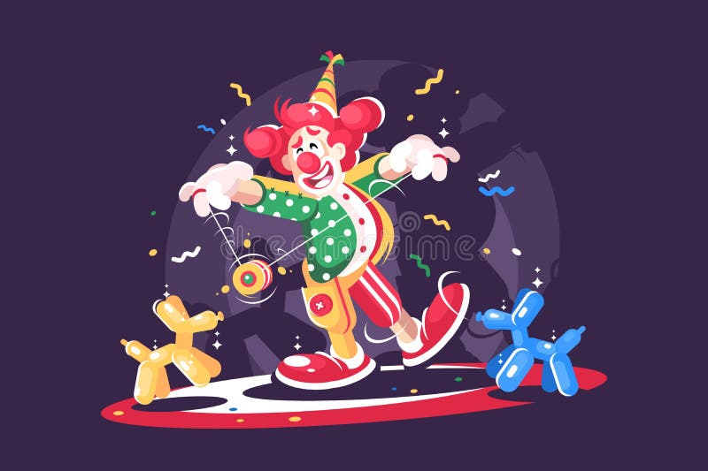 Cyrkowy przedstawienie z ślicznym błazenem i balonowymi zwierzętami ilustracja wektor Cyrkowy przedstawienie z ślicznym błazenem i balonowymi zwierzętami ilustracja wektor