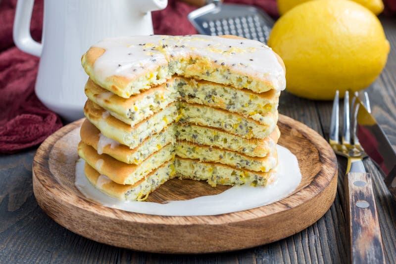 Lemon and chia seed pancakes with citrus glaze, horizontal. Lemon and chia seed pancakes with citrus glaze, horizontal