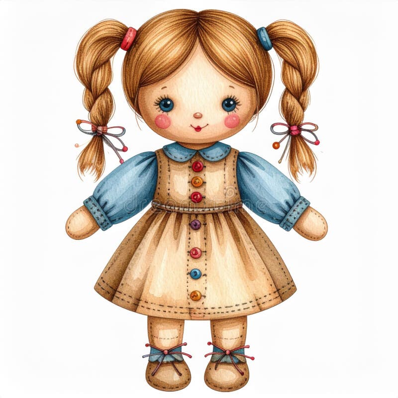 Czarna brązowa haired Doll w beżowej sukience ilustracja wektor