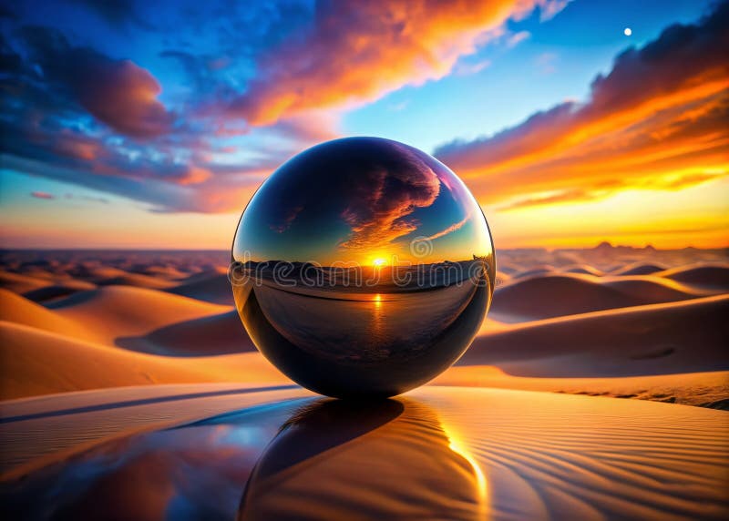 Enigmatyczna czarna sfera unosi się nad surrealistycznym zachodem słońca na pustyni - Arcydzieło fotografii tilt-shift ilustracja wektor