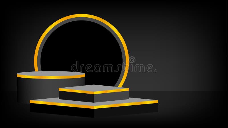 Czarna scena pedestal 3d i luksusowe pudełko ze złotym paskiem na pedestale do wyświetlania produktów kosmetycznych pokaż pokaz st