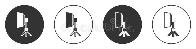 Czarna żarówka Studio w ikonce programowej izolowanej na białym tle. Projekt odbicia cienia. Przycisk Koło. ilustracja wektor