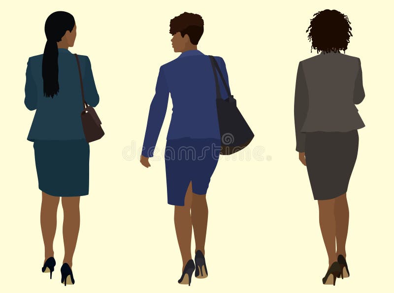 Black or African- American business Women wearing suits and carrying purses while Walking Away. Black or African- American business Women wearing suits and carrying purses while Walking Away