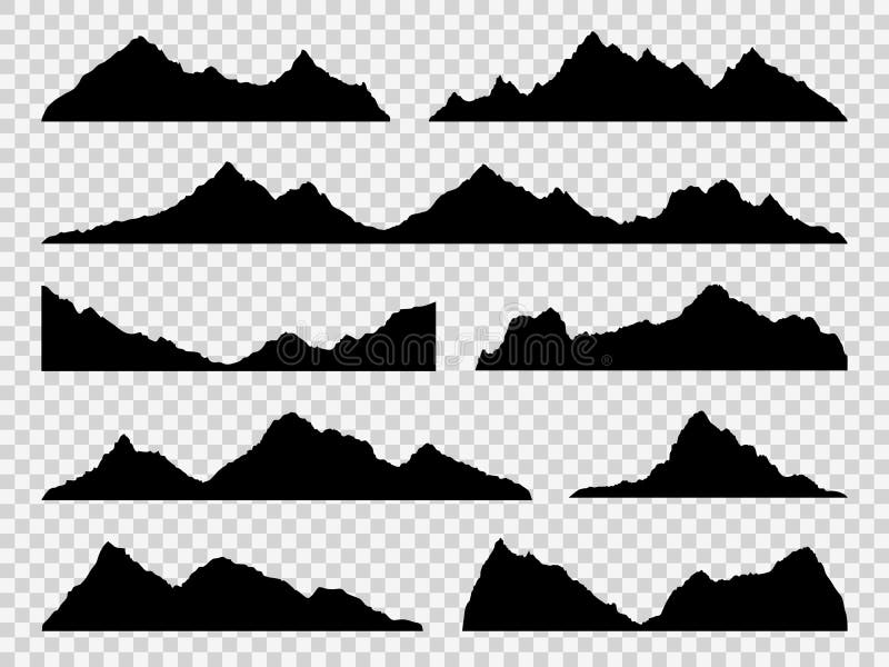 Black mountains silhouettes. Ranges skyline, high mountain hike landscape, alpine peaks. Extreme hiking vector nature border shape drawing hills set. Black mountains silhouettes. Ranges skyline, high mountain hike landscape, alpine peaks. Extreme hiking vector nature border shape drawing hills set