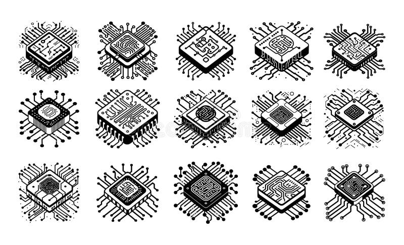 Czarne ikony wektora izometrycznego procesora ai. chip mikroprocesorowe półprzewodniki sztucznej inteligencji komputerowej pc. mikroprocesor chip półprzewodniki sztuczna inteligencja komputerowa mikroobwód pc wyizolowany na białym tle generowany przez ai gen.