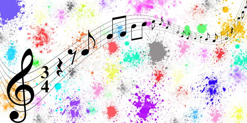 Panoramic illustration of black music notes flowing on curved stave in colorful spatters and splashes background for banner. Panoramic illustration of black music notes flowing on curved stave in colorful spatters and splashes background for banner.