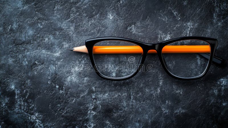 Czarne okulary i niebieski ołówek są ustawione na ciemnoszarym tle teksturowanym obrazy stock