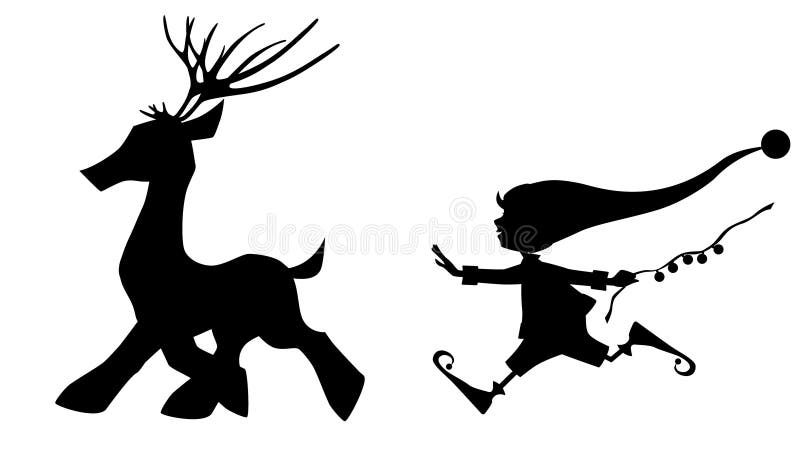 Czarnej sylwetki działający rogacz i śliczny Bożenarodzeniowy elf