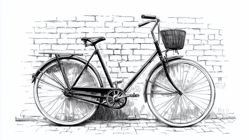 Czarno biała ilustracja klasycznego roweru z ramką przelotową zaparkowaną na teksturowanej ścianie z cegły ilustracja wektor