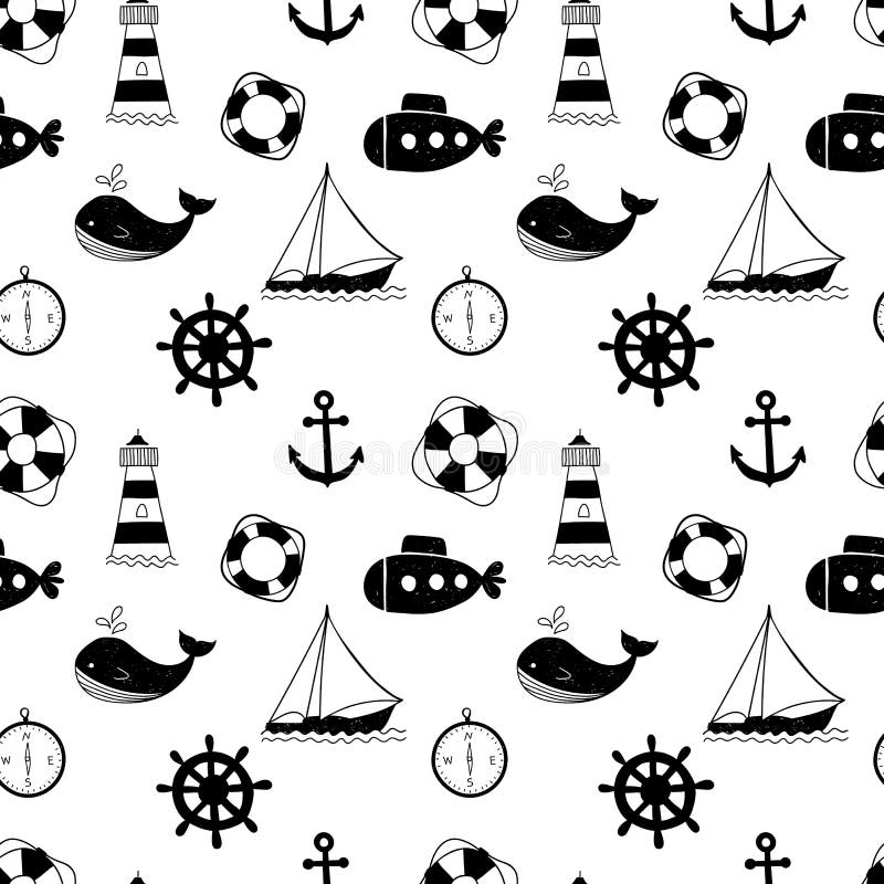 Czarny i biały bezszwowy wzór z wielorybami, żeglowanie statkami, kołami, lifebuoys i latarniami morskimi, royalty ilustracja Czarny i biały bezszwowy wzór z wielorybami, żeglowanie statkami, kołami, lifebuoys i latarniami morskimi, royalty ilustracja