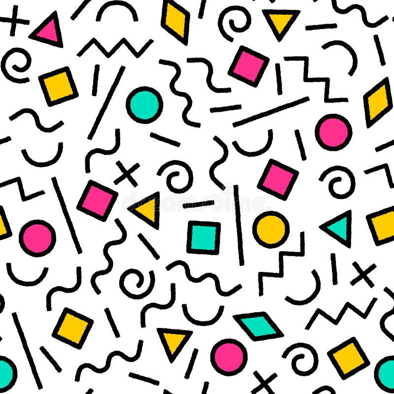 Czarny i biały i kolorowi Memphis abstrakcjonistyczni geometryczni kształty bezszwowy wzór, wektor ilustracji