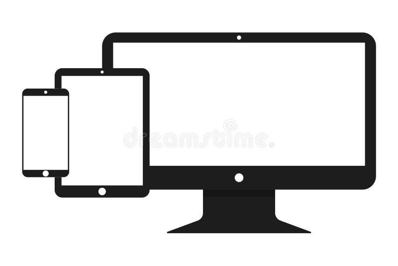 Black destop computer, tablet and smartphone set with white screen on white background. Smartphone,tablet and desktop computer. Black destop computer, tablet and smartphone set with white screen on white background. Smartphone,tablet and desktop computer.