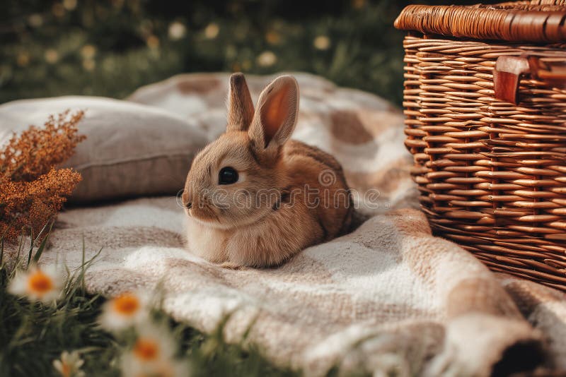 Czarny Królik Brązowy na Beige Picnic Blanket ilustracji