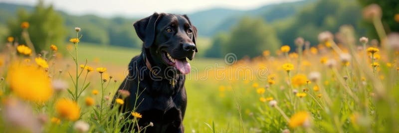 Czarny labrador rewersujący francuskie wiejskie dzikie kwiaty słoneczne wiejskie trawy ilustracji