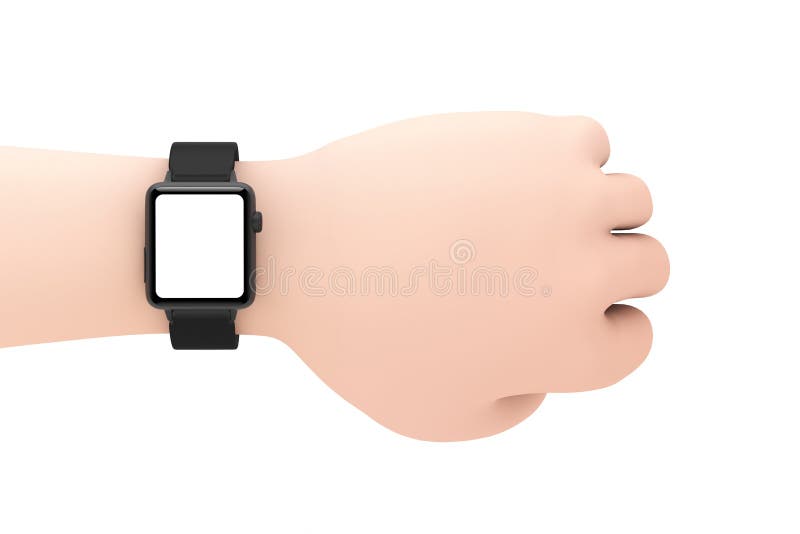 Black Modern Smart Watch Mockup and Strap with Blank Screen for Your Design Closeup on the Wrist of Cartoon Hand on a white background. 3d Rendering. Black Modern Smart Watch Mockup and Strap with Blank Screen for Your Design Closeup on the Wrist of Cartoon Hand on a white background. 3d Rendering