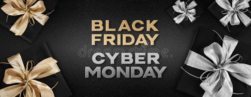 Czarny piątek i cyber monday tekst pisać z pakietami upominkowymi owiniętymi złotą i srebrną wstążką dziobaną na czarnym tle obrazy stock
