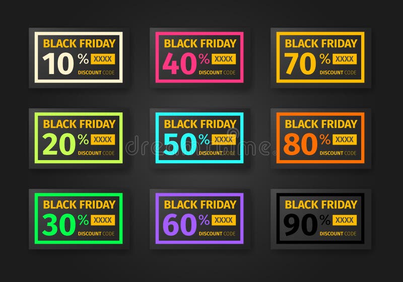 Czarny Piątek pomija szablon Set talony z różnymi odsetkami -10, 20, 30, 40, 50, 60, 70, 80, 90 Elegancka projekt sprzedaży karta z promo kodem Realistyczni czarni sztandary na czerni 10 eps