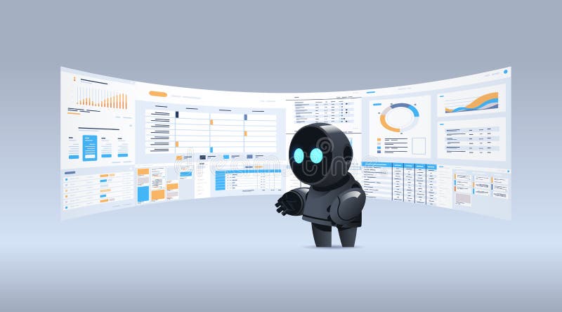 Czarny robot analizuje statystyki danych finansowych na temat koncepcji technologii sztucznej inteligencji ilustracji