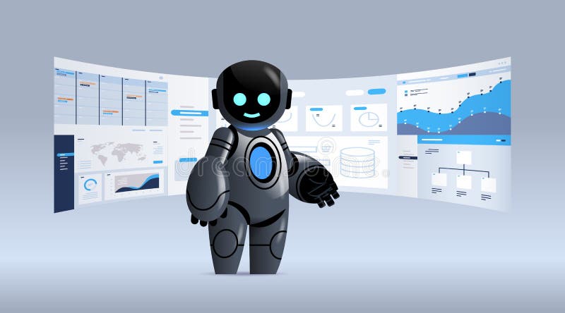 Czarny robot analizuje statystyki danych finansowych na temat koncepcji technologii sztucznej inteligencji ilustracja wektor