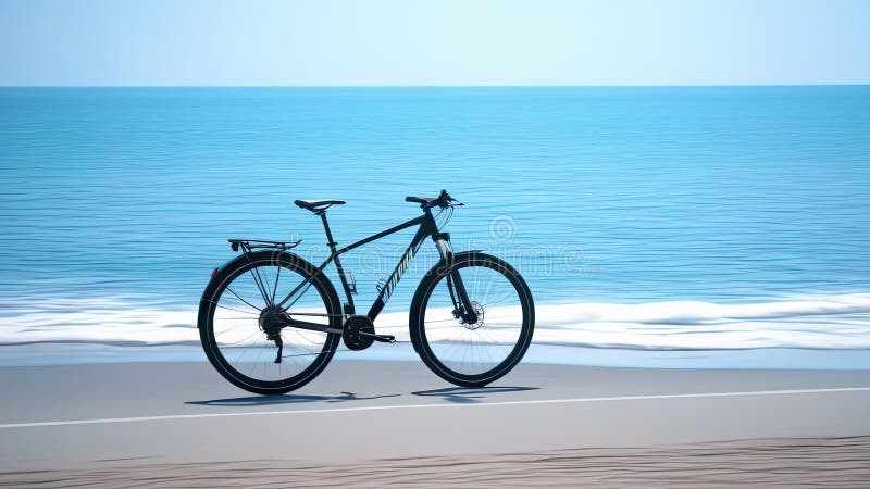 Czarny rower jest zaparkowany na plaży. Ocean jest w tle i. Ocean jest w tle, a niebo jest czyste i niebieskie. Pojęcie relaksu i wypoczynku jako rower jest symbolem aktywności na zewnątrz.