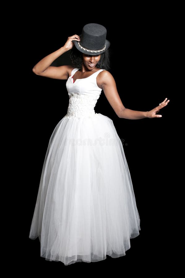 Black African American Woman Bride in a wedding dress and top hat. Black African American Woman Bride in a wedding dress and top hat